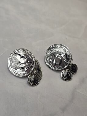 Silver Tone Emperor Napoleon Coin Dangle Clip Earrings